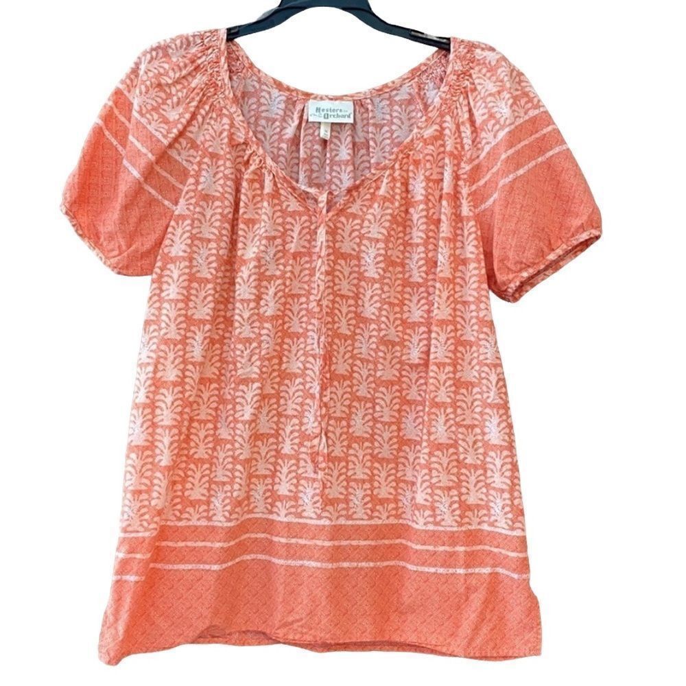 Hester Orchard Sz M BOHO Orange Print Pheasant Cap Sleeves Relaxed Blouse
